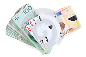 Gambling concept. Playing cards aces and money