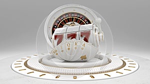 Gambling Concept, Roulette Wheel, Slot Machine And Poker Cards On Luxury White Stage - 3D Illustration
