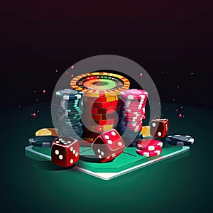 Gambling design with poker cards, dice, roulette wheel and playing chips on a dark background. Big win illustration