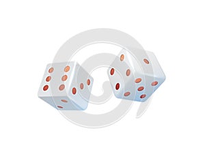 Gambling dice. 3D casino equipment. Realistic white cubes with red dots. Isolated tools for table game and gamble