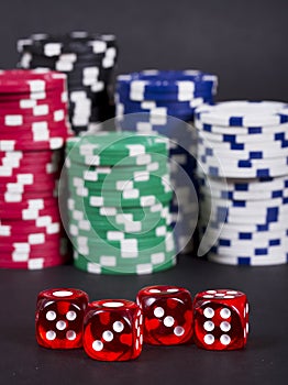 Gambling dices and chips stack