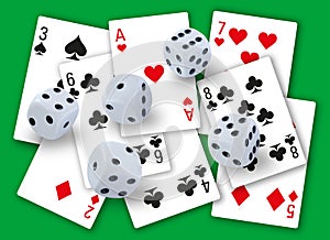 Gambling with dices rolling and different playing cards clubs, diamonds, hearts and spades in background - simple clean design