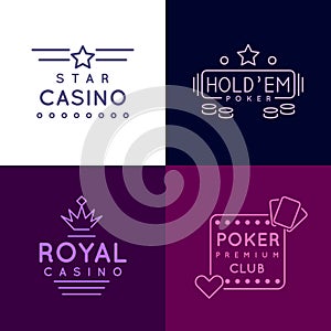 Gambling emblems of Poker club and casino. Vector icons set in line style