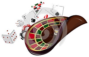 Gambling establishment. Playing cards, poker chips, roulette seem to float in zero gravity. Poker