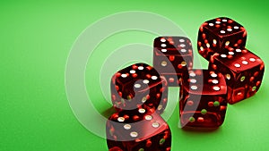Gambling game banner. Six red dice on the green table. 3d render.
