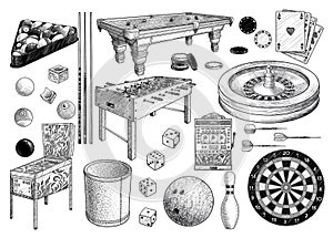 Gambling games collection, illustration, drawing, engraving, ink, line art, vector