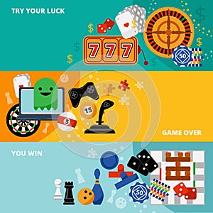 Gambling games flat banners set