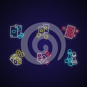 Gambling and intellectual games neon light icons set