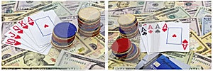 Gambling money poker chips cards collage