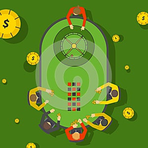 Gambling people at casino roulette table, vector illustration. Players in casino placing bets, view from above