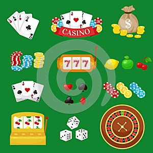 Gambling pictograms set. Deck of cards and casino, playing poker, venturesome game, dice ace vector illustration photo