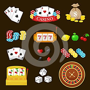 Gambling pictograms set. Deck of cards and casino, playing poker, venturesome game, dice ace vector illustration