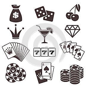 Gambling, poker card game, casino, luck vector icons set