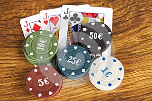 Gambling poker concept with betting chips and playing cards