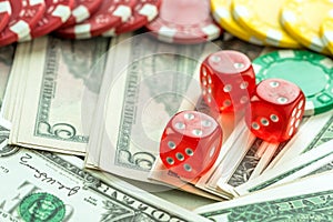 Gambling Red Dice and Money Chips