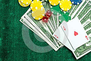 Gambling Red Dice Poker Cards and Money Chips