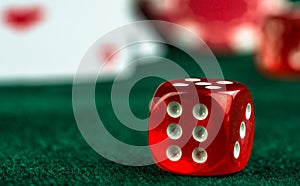 Gambling Red Dice Poker Cards and Money Chips