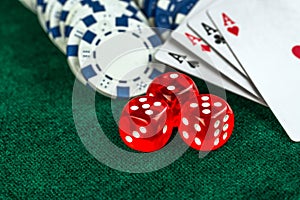 Gambling Red Dice Poker Cards and Money Chips