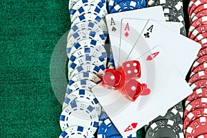 Gambling Red Dice Poker Cards and Money Chips