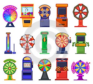 Gambling slot machines. Arcade video games, casino gambling slot machines and coin entertainment devices vector