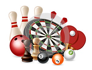 Gambling sport games. Vector bowling, darts, chess, ping pong isolated on white background