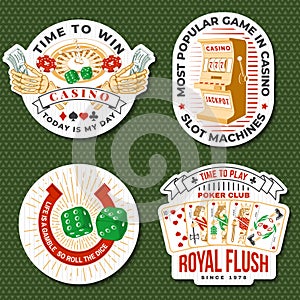 Gambling sticker, logo, badge design with wheel of fortune, two dice, horseshoe and skeleton hand holding dollar