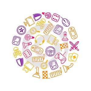 Gambling, Table and Computer Game Thin Line Round Design Template. Vector