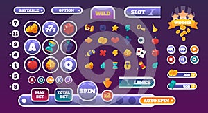 Gambling UI elements. Slots gameplay cartoon graphic kit with casino icons. Colorful online game interface progress bars