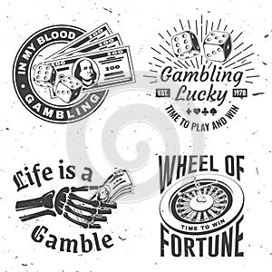 Gambling vintage print, logo, badge design with wheel of fortune, two dice and skeleton hand holding dollar silhouette