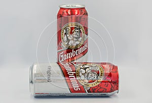 Gambrinus Czech beer cans closeup against white bacground