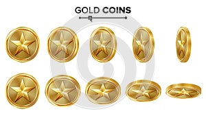 Game 3D Gold Coin Vector With Star. Flip Different Angles. Achievement Coin Icons, Sign, Success, Winner, Bonus, Cash