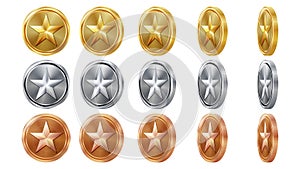 Game 3D Gold, Silver, Bronze Coins Set Vector With Star. Flip Different Angles. Achievement Coin Icons, Sign, Success