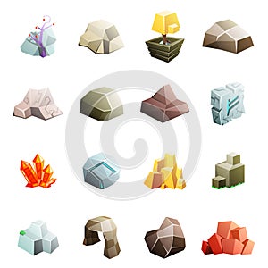 Game art environment low poly rock stone boulder cave cristal rune cartoon isometric 3d flat style icons set vector photo