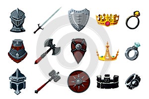 Game asset pack. Fantasy icon set with magic items. User interface design elements. Cartoon vector illustration.