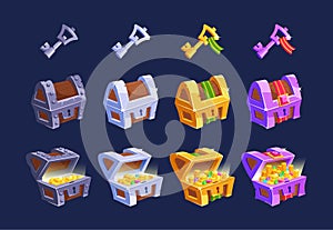 Game Assets Featuring A Set Of Chests And Keys. Iron, Silver, Golden Or Platinum Trunks With Gold And Gemstones Ui