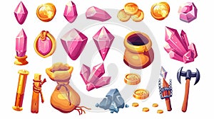 Game assets, gold mine items money, pick and gem stones treasure, isolated cartoon 3D modern set with dynamite, gold