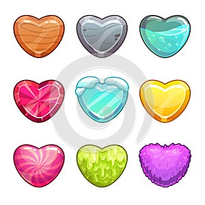 Game assets set. Cartoon heart made from different materials.