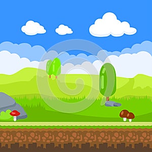 Game Background. Cartoon nature landscape, unending background with soil, stones, trees, mushrooms and cloudy sky layers