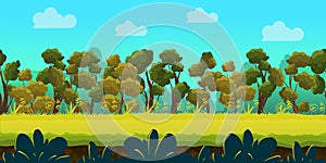 Game background with forest and green foreground, vector.