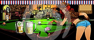 The game of billiards in the bar