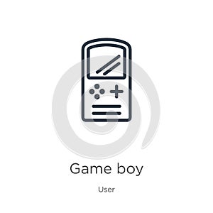 Game boy icon. Thin linear game boy outline icon isolated on white background from user collection. Line vector sign, symbol for