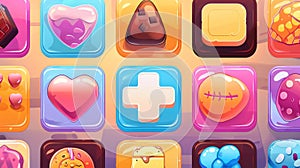 Game buttons, boards, bars, check marks, and sliders with candy and chocolate textures. Modern animation set of sweet UI
