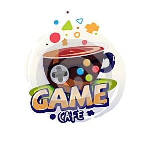 game cafe logo. game button on coffee cup with typographic - vector