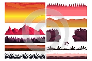 Game cartoon elements set with pieces of fantasy landscapes trees stones