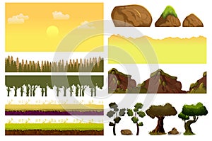 Game cartoon elements set with pieces of fantasy landscapes trees, stones. Realistic Vector collection For Video Game