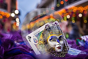 game of chance card with picturesque new orleans mardi gras parade in the background