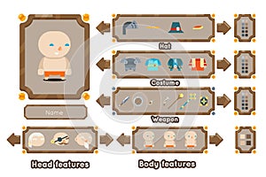 Game character generation interface weapons screen concept fantasy adventurer RPG flat design magic fairy tail template