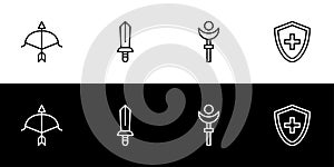 Game character job or class icon set. Archer, sword, wand, and shield. Hunter, fighter, mage, and tanker.