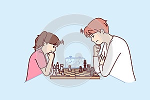 Game of chess between man and teenage girl during training of professional grandmaster photo