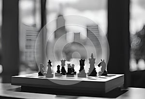 a game of chess on a table next to a window